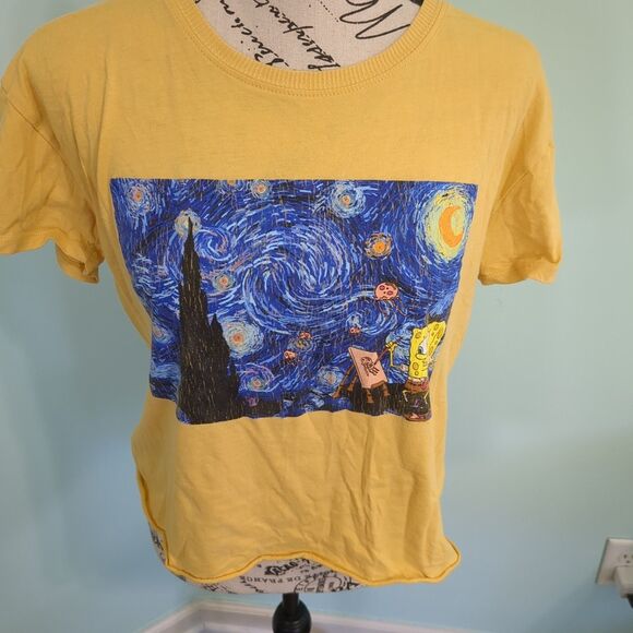 NICKELODEON Spongebob Starry Night Short Sleeve Crop T Shirt Tee yellow medium - Picture 1 of 6